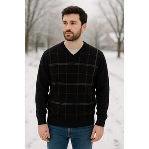 Alan Flusser Golf Pure Cashmere Sweater XXL Black Windowpane V-Neck